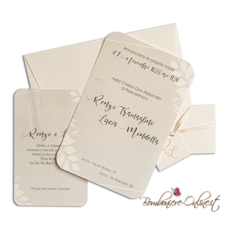 Partecipazione con invito matrimonio economica fascia avorio con foglie con iniziali