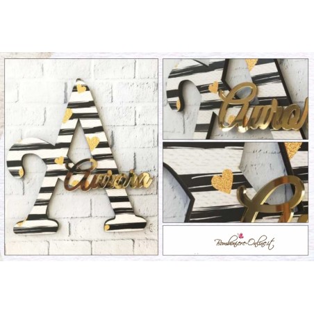Fiocco nascita iniziale righe e cuoricini personalizzabile in legno e plexiglass