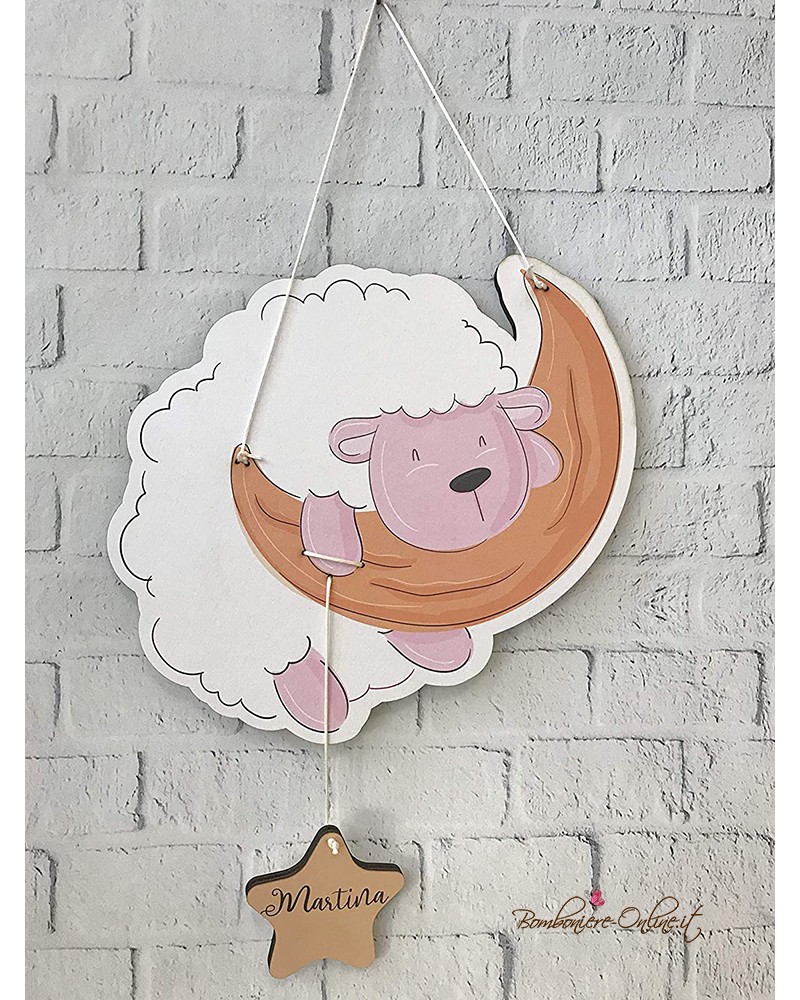 Fiocco nascita o decorazione da muro personalizzata con tenera pecorella sulla luna