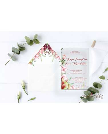 Partecipazione di nozze in plexiglass trasparente fiori rosa