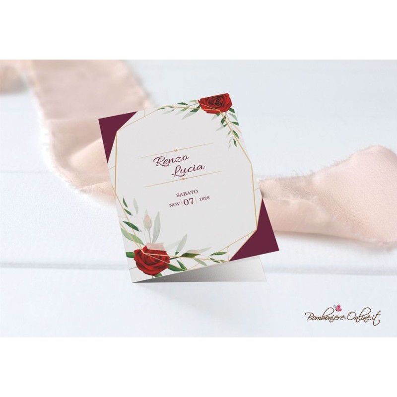 Libretto messa "Bordeaux con rose" abbinato a partecipazione in set con menù, segnaposto e ventaglio coordinati