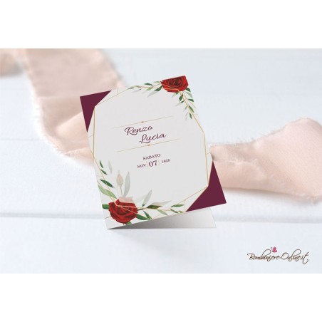 Libretto messa "Bordeaux con rose" abbinato a partecipazione in set con menù, segnaposto e ventaglio coordinati