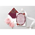 Partecipazione "Bordeaux con rose"  in set con libro messa, menù, segnaposto e ventaglio coordinati
