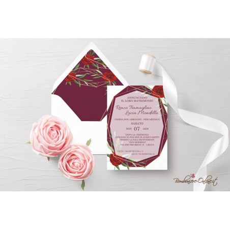 Partecipazione "Bordeaux con rose"  in set con libro messa, menù, segnaposto e ventaglio coordinati