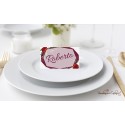Segnaposto "Bordeaux con rose" abbinato a partecipazione in set con menù e ventaglio coordinati