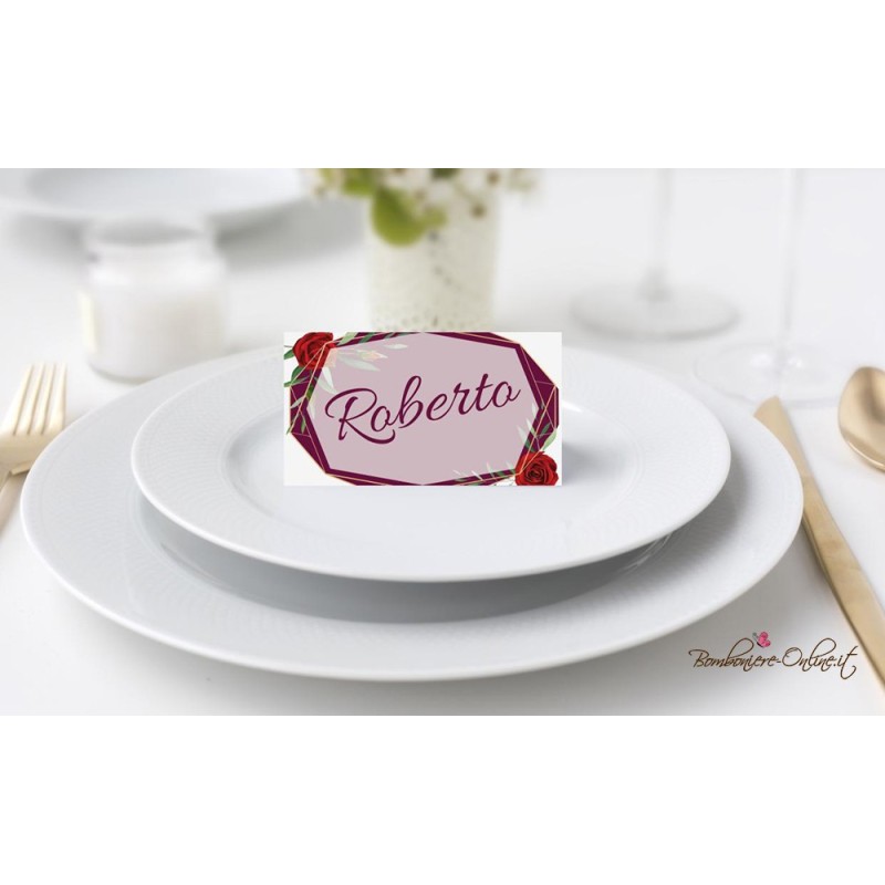 Segnaposto "Bordeaux con rose" abbinato a partecipazione in set con menù e ventaglio coordinati