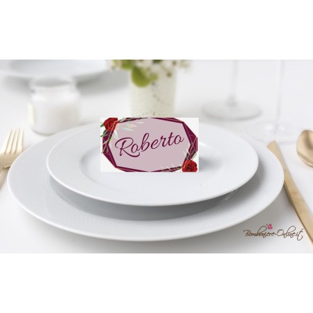 Segnaposto "Bordeaux con rose" abbinato a partecipazione in set con menù e ventaglio coordinati