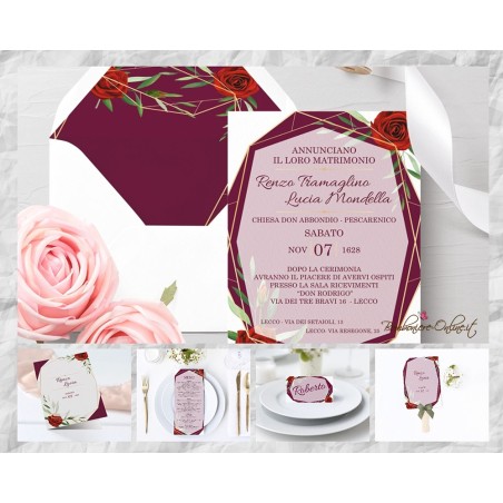 Set completo Partecipazione "Bordeaux con rose"  in set con libro messa, menù, segnaposto e ventaglio coordinati