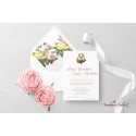 Partecipazione "Bouquet peonie"  in set con libro messa, menù, segnaposto e ventaglio coordinati