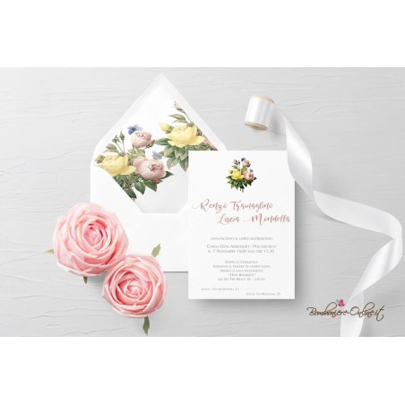 Partecipazione "Bouquet peonie"  in set con libro messa, menù, segnaposto e ventaglio coordinati