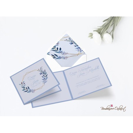 Partecipazione "Blu style" in set con libro messa, menù, segnaposto e ventaglio coordinati