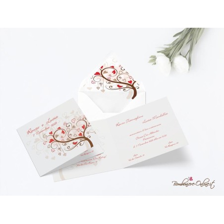 Partecipazione "Albero cuori colorati" in set con libro messa, menù, segnaposto e ventaglio coordinati