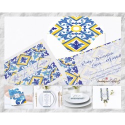 Set Partecipazione "Maiolica decoro blu e giallo" in set con libro messa, menù, segnaposto e ventaglio coordinati