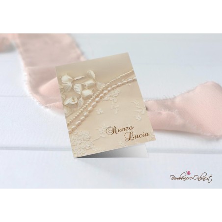 Libretto messa "Pizzo e rose" in set con Partecipazione, menù, segnaposto e ventaglio coordinati