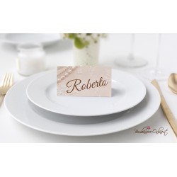 Segnaposto "Pizzo e rose" in set con Partecipazione, libro messa, menù e ventaglio coordinati