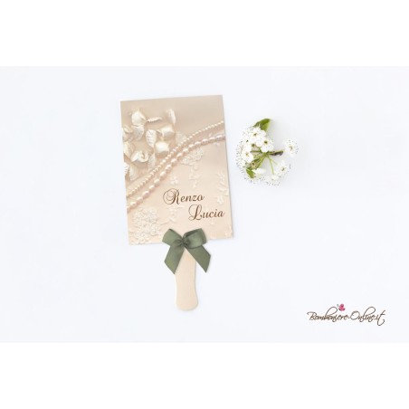 Ventaglio "Pizzo e rose" in set con Partecipazione, libro messa, menù e segnaposto coordinati