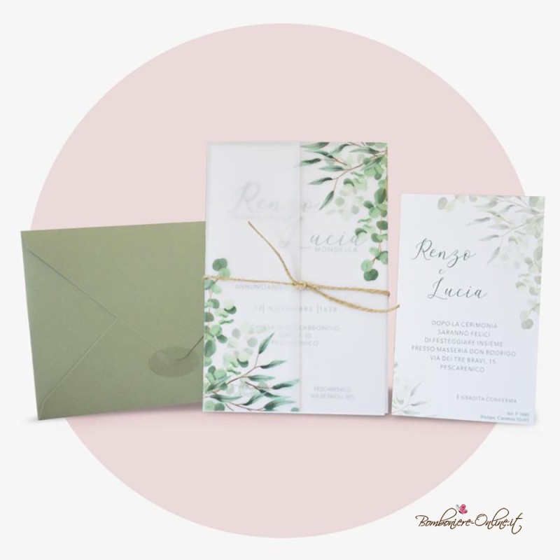 Partecipazione Matrimonio verde a tema Boho con carta traslucida