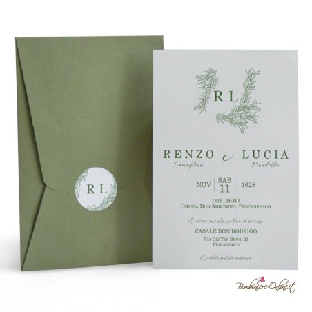 Partecipazione di nozze verde oliva con tag iniziali