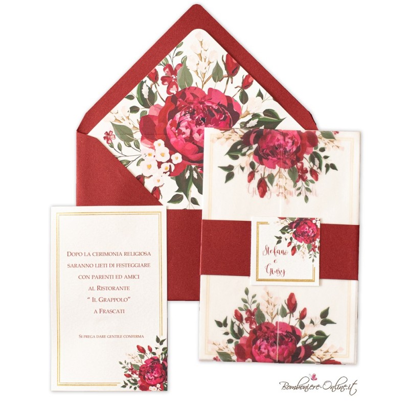 Partecipazione Nozze Peonie con fascia