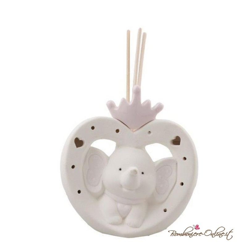 Bomboniera profumatore elefante con corona rosa e luce led