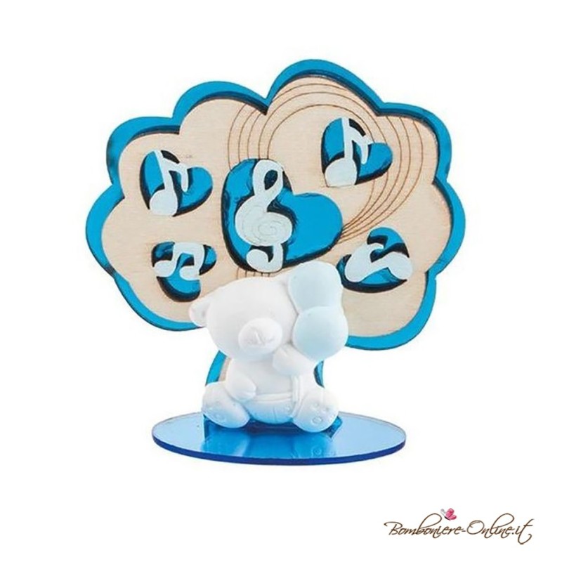 Bomboniera orso azzurro con albero e note musicali