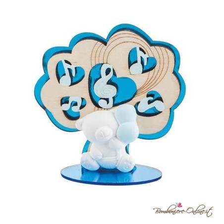 Bomboniera orso azzurro con albero e note musicali