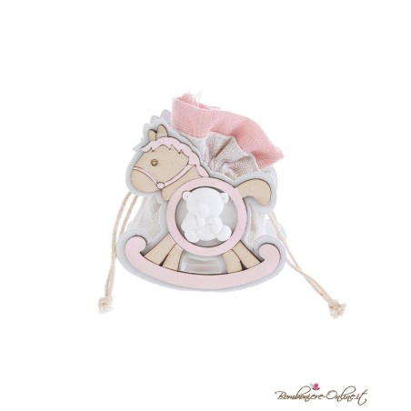 Scatolina in legno sacchetto portaconfetti cavalluccio con orsetto rosa