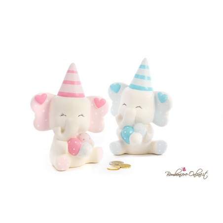 Bomboniera Battesimo Elefante Salvadanaio con cappello azzurro o rosa