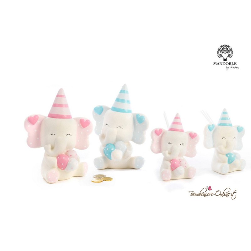 Bomboniera Battesimo Elefante Salvadanaio con cappello azzurro o rosa