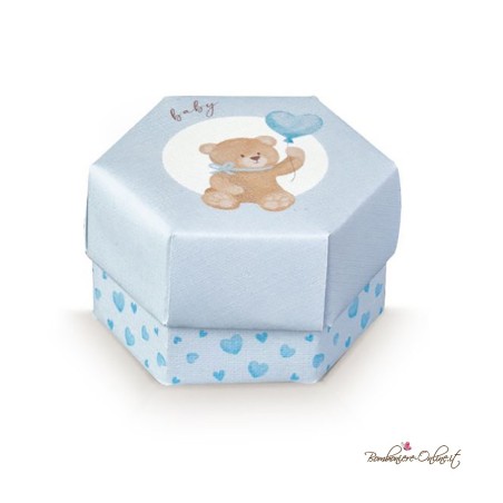 Scatolina Portaconfetti Esagono Orsetto Baby Celeste con Palloncino