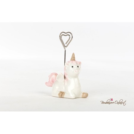 Bomboniera Unicorno seduto con clips portafoto portamemo
