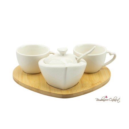 Bomboniera Set Caffè in Porcellana Bianca con base in Bamboo