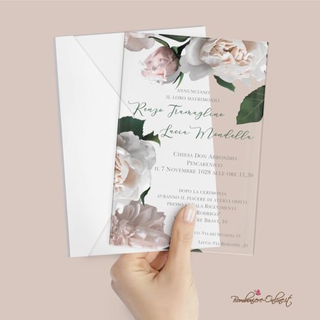 Partecipazione di nozze in plexiglass trasparente peonie