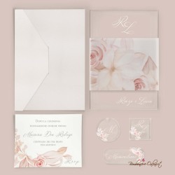 Partecipazione di nozze in plexiglass con Fascia Tralcio Rose