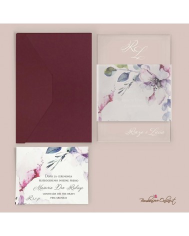 Partecipazione di nozze in plexiglass con fascia Fiori Viola