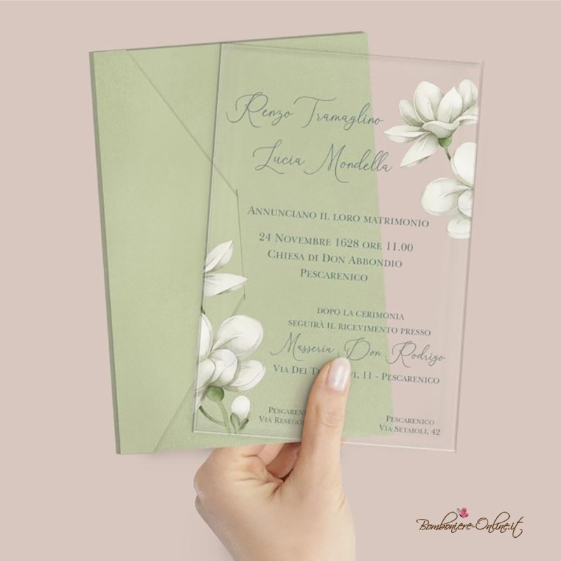 Partecipazione di nozze in plexiglass Fiori Bianchi