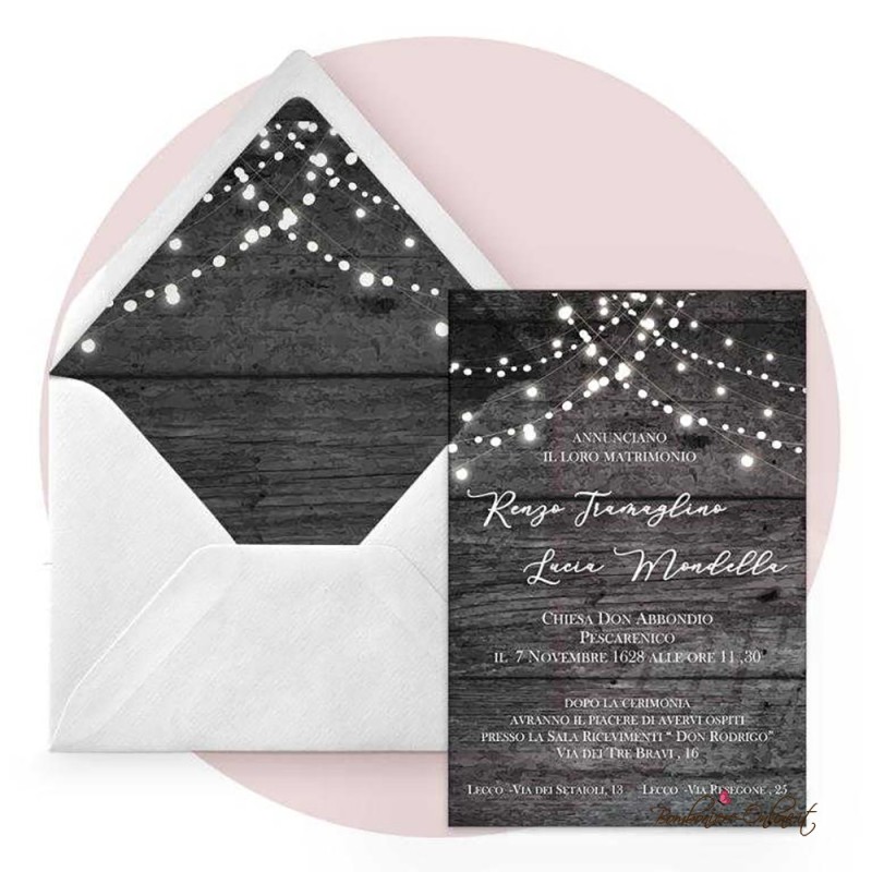 Partecipazione di nozze in plexiglass con grafica effetto legno grigia