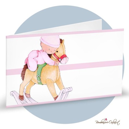 Bigliettino Bomboniera Bimba con Cuffietta su Cavallo a Dondolo