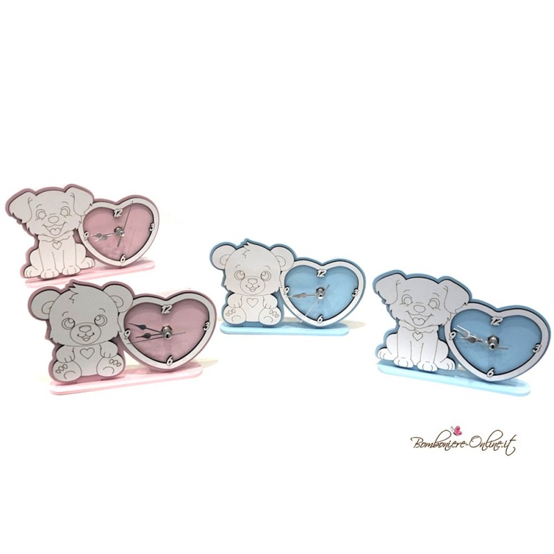 Bomboniera Orologio legno Cagnolino Cuore Azzurro