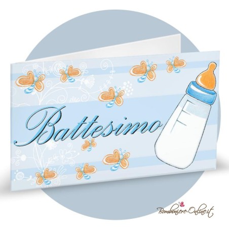 Bigliettino Bomboniera Battesimo Azzurro Biberon