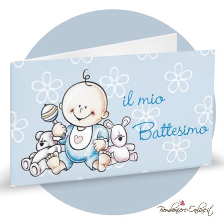 Bigliettino Bomboniera Battesimo Bimbo con Giochi