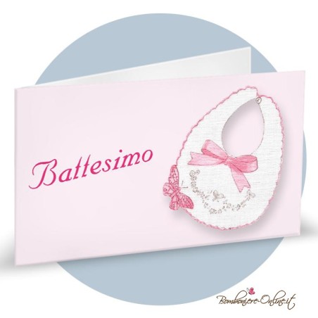 Bigliettino Bomboniera Battesimo Rosa Bimba con Bavaglino