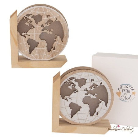 Bomboniera tema viaggio Mappamondo piccolo su base legno con luce led