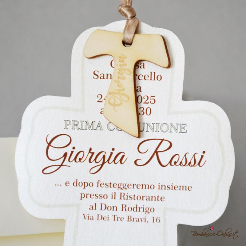 Invito Comunione Croce con Tao in legno