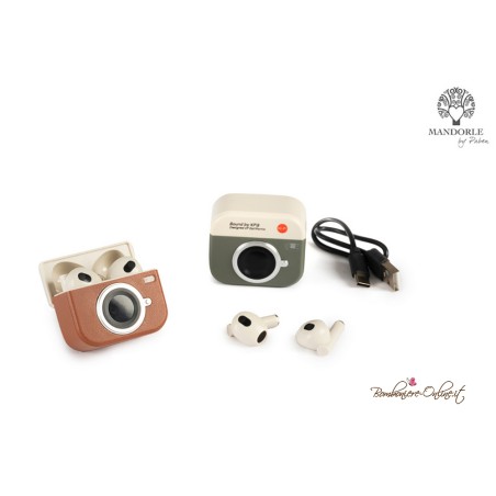 Bomboniera Fotocamera Vintage Retrò Marrone Auricolari Bluetooth