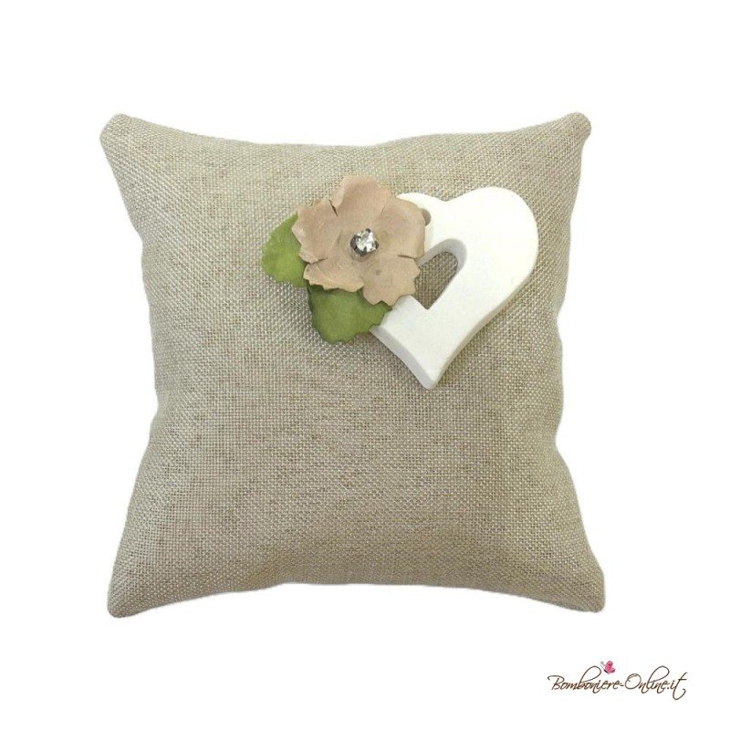 Sacchetto Portaconfetti Cuscino Tortora con Gessetto Cuore e Fiore