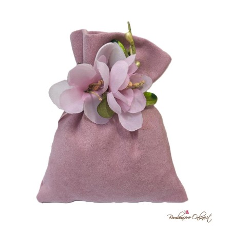 Sacchetto Portaconfetti Alcantara Rosa con Pick Fiori