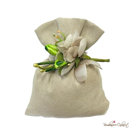 Sacchetto Portaconfetti Alcantara Tortora con Pick Fiori