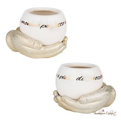 Bomboniera Vaso per piantina Bianco con frase oro Su Base Mani