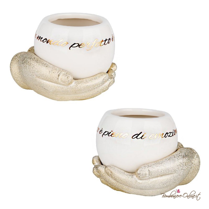 Bomboniera Vaso per piantina Bianco con frase oro Su Base Mani